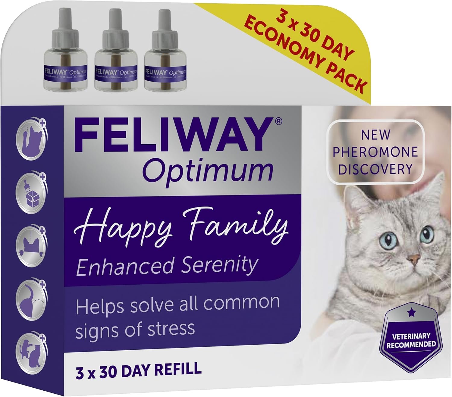 FELIWAY Optimum 3x30 Day Cat Calming Odourless Refills for Pheromone Diffuser, 3x48ml Value Pack