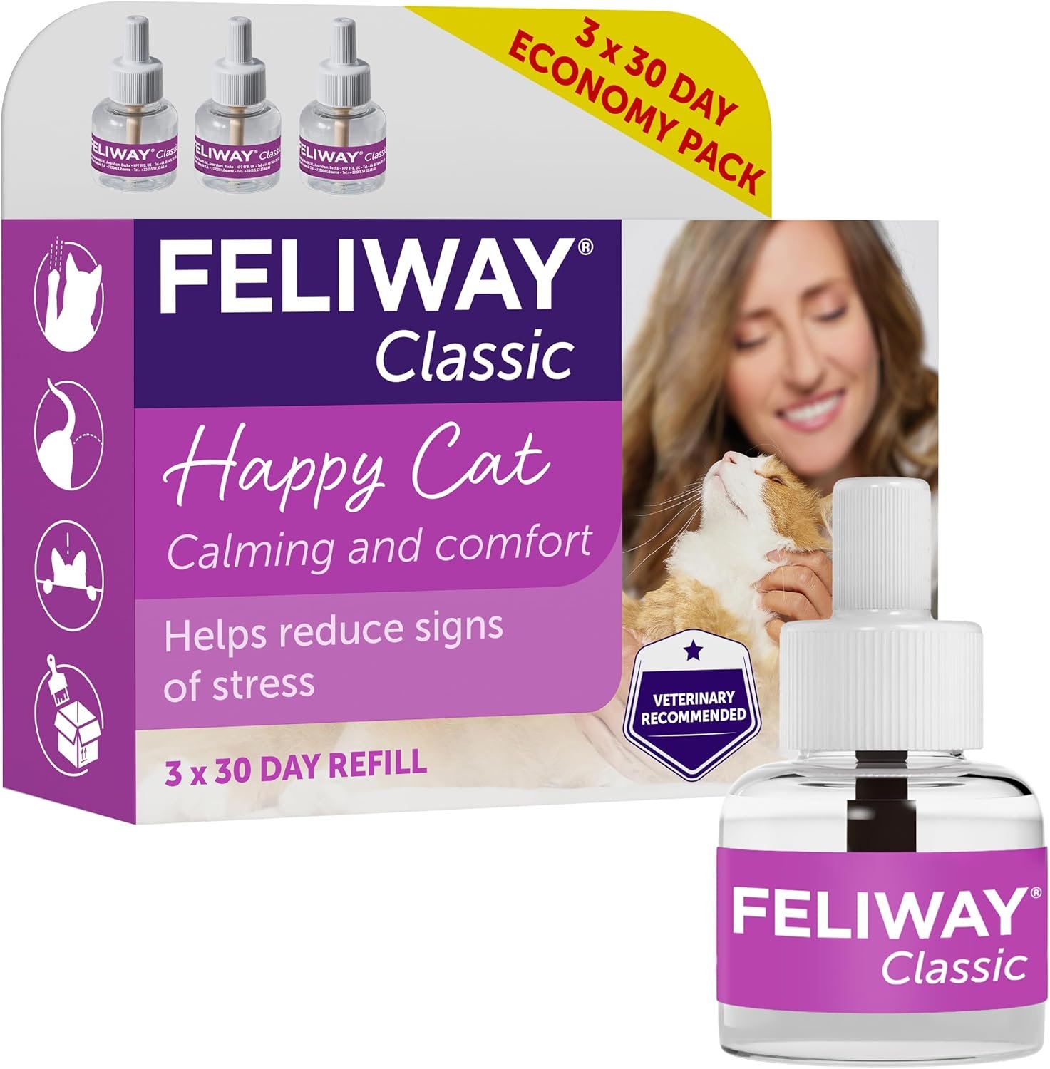 Feliway Classic 3 x 30 Day Cat Calming Odourless Refills for Pheromone Diffuser, 3 x 48ml